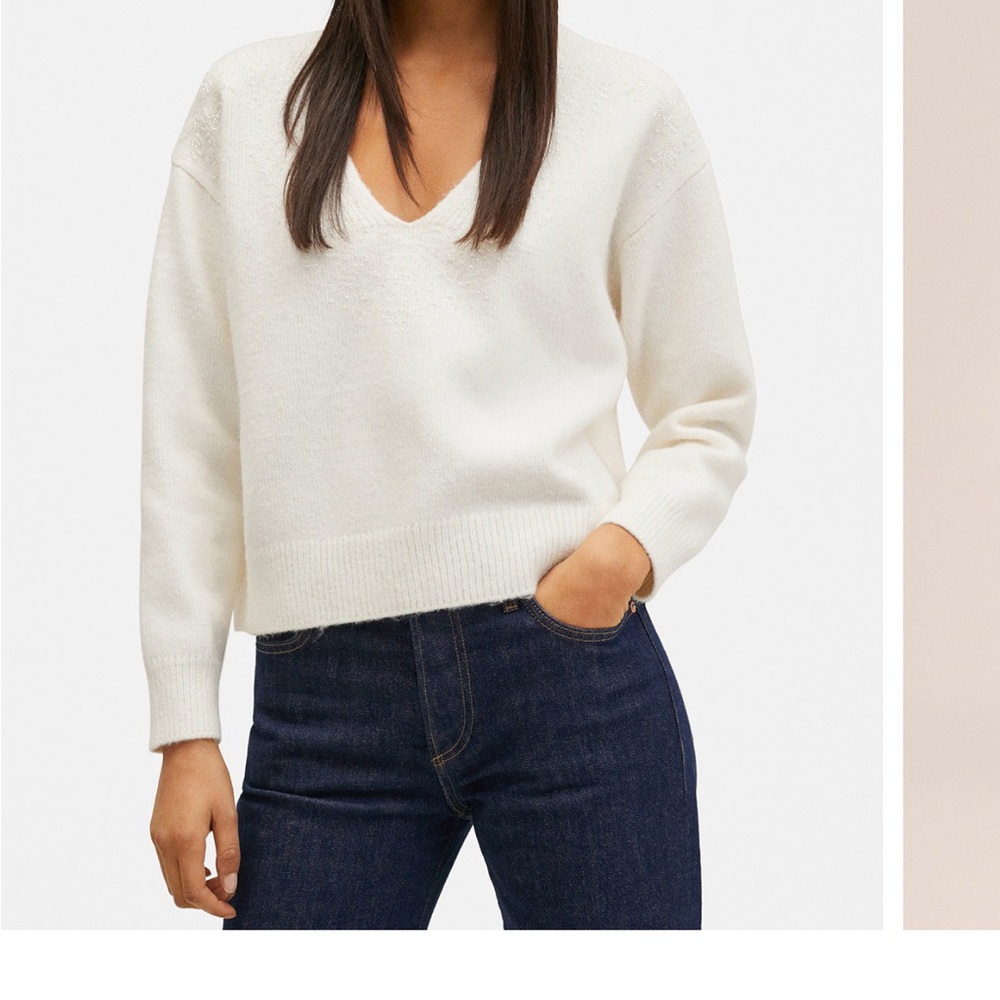 Mango Cream Beaded V-Neck Sweater